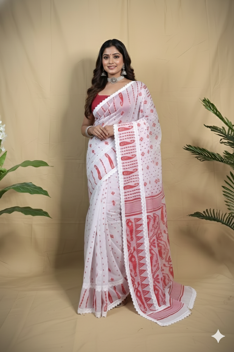 SAREEN White & Red Traditional Jamdani Saree with Lace Border