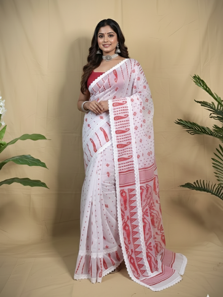 SAREEN White & Red Traditional Jamdani Saree with Lace Border