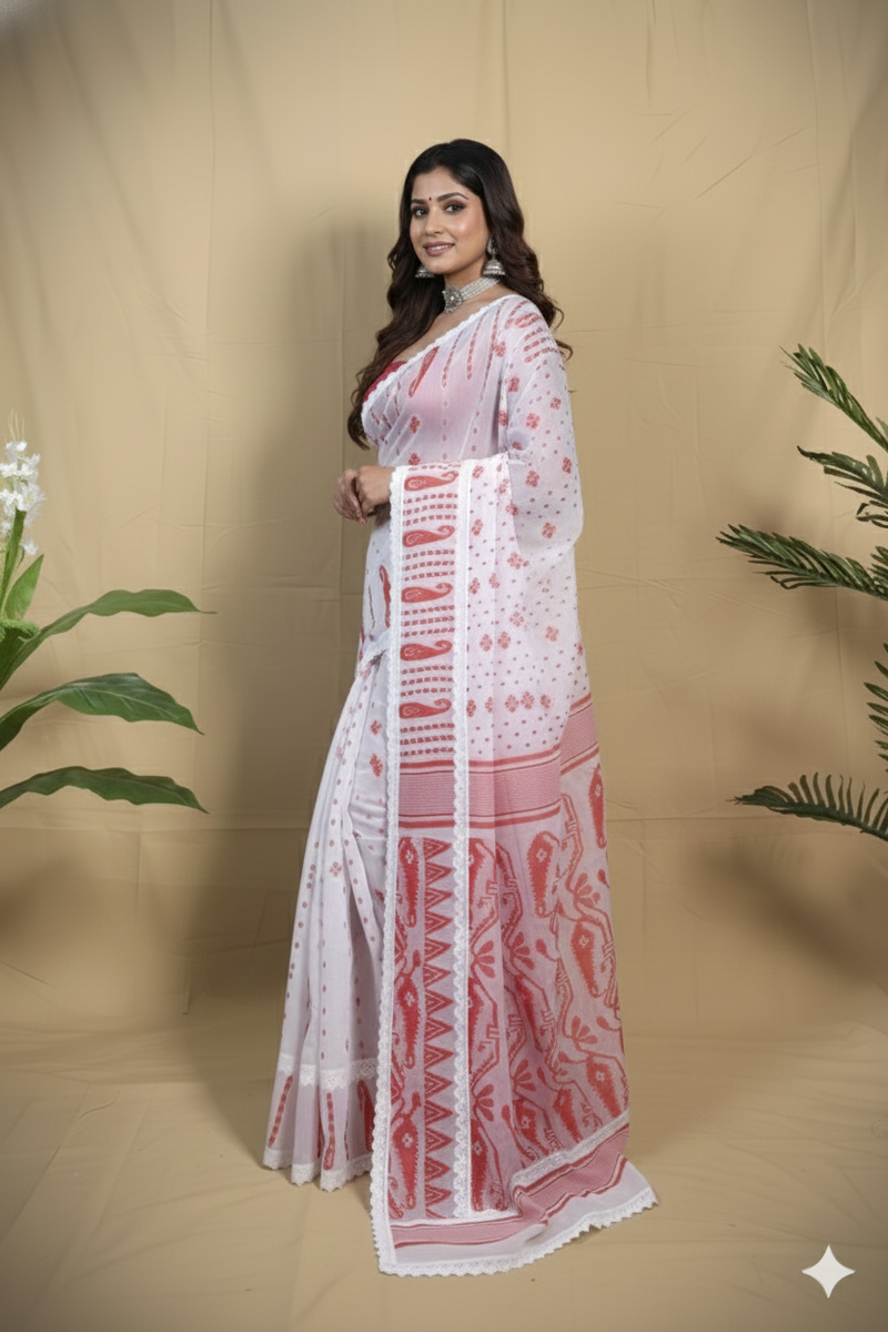 SAREEN White & Red Traditional Jamdani Saree with Lace Border