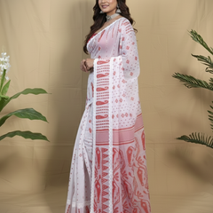 SAREEN White & Red Traditional Jamdani Saree with Lace Border