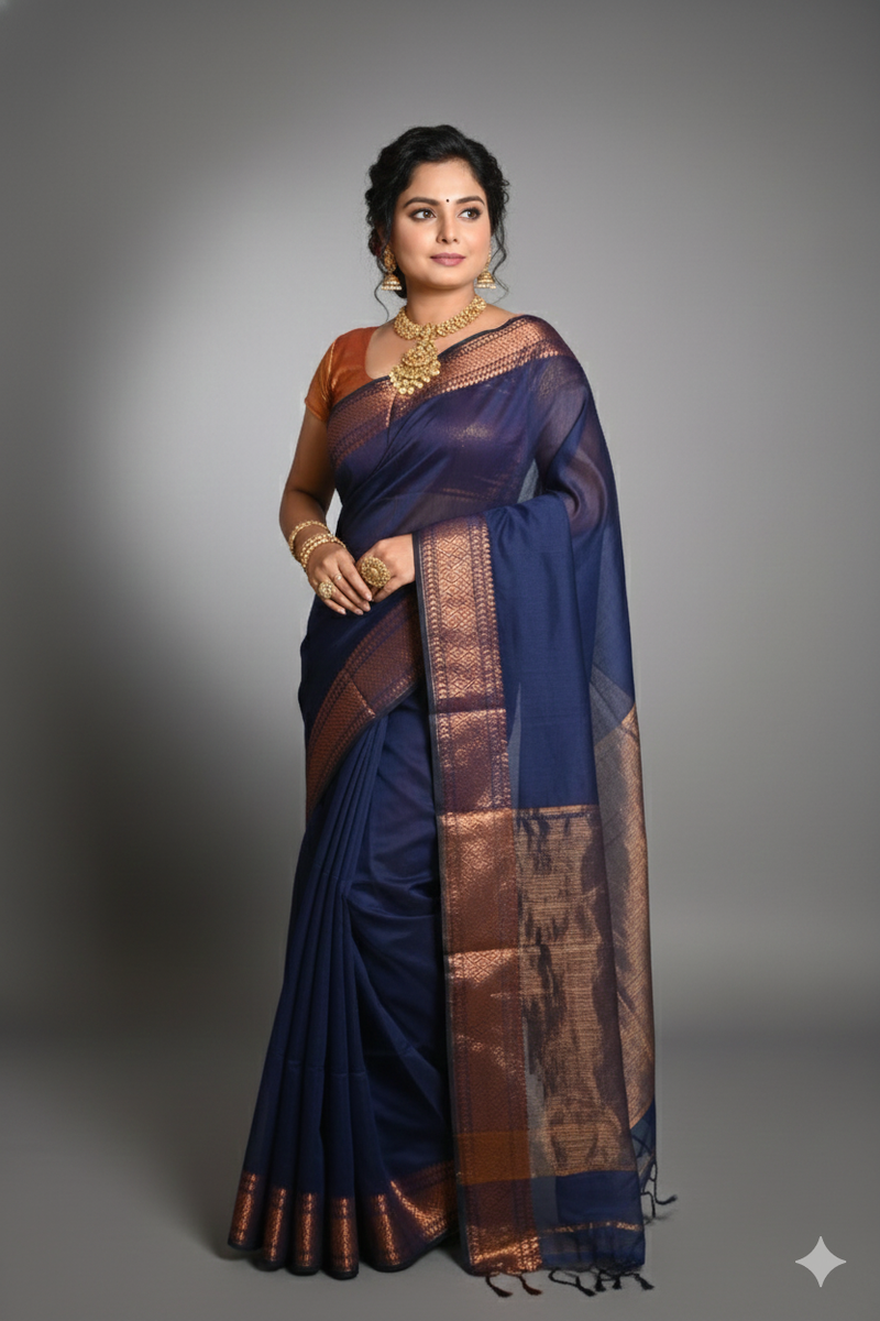 SAREEN Navy Blue Silk Saree with Antique Gold Zari Border – Royal Classic