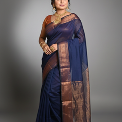 SAREEN Navy Blue Silk Saree with Antique Gold Zari Border – Royal Classic