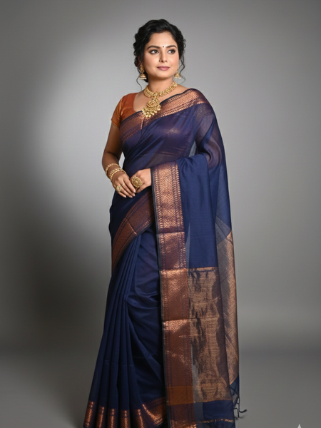 SAREEN Navy Blue Silk Saree with Antique Gold Zari Border – Royal Classic