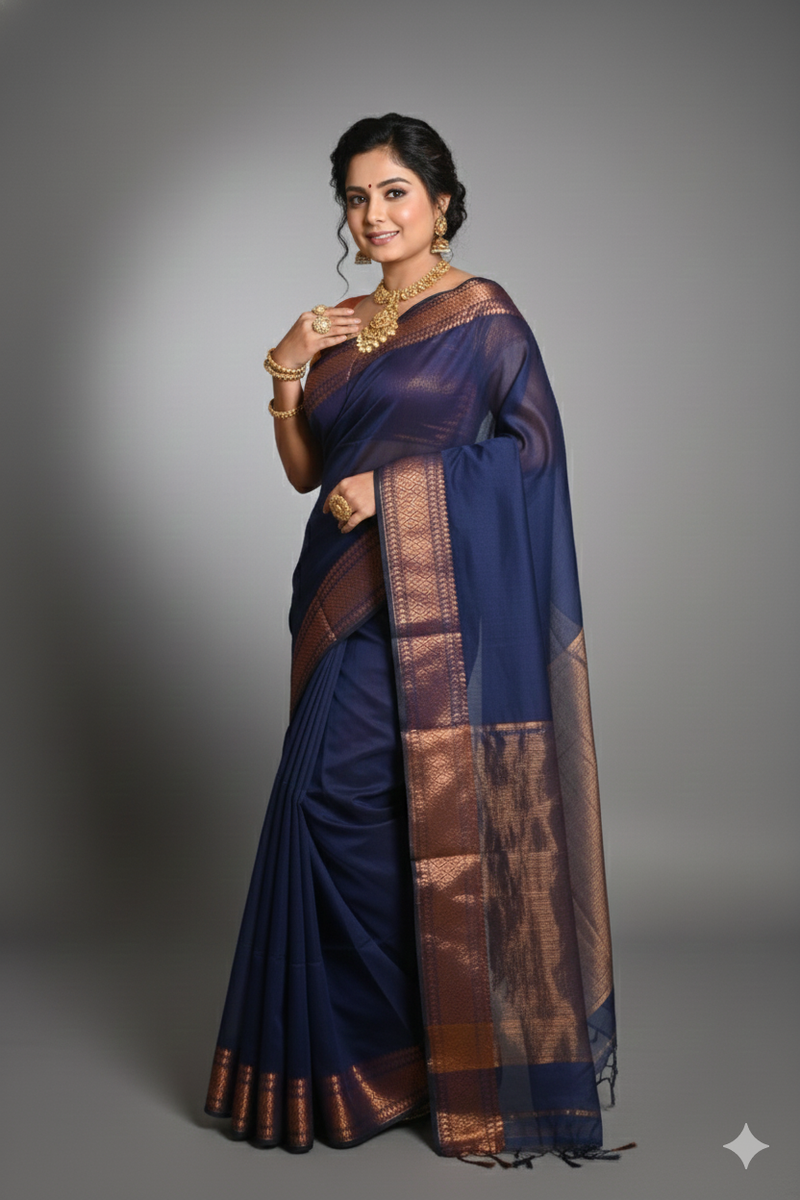 SAREEN Navy Blue Silk Saree with Antique Gold Zari Border – Royal Classic