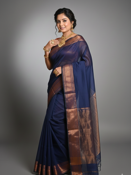 SAREEN Navy Blue Silk Saree with Antique Gold Zari Border – Royal Classic