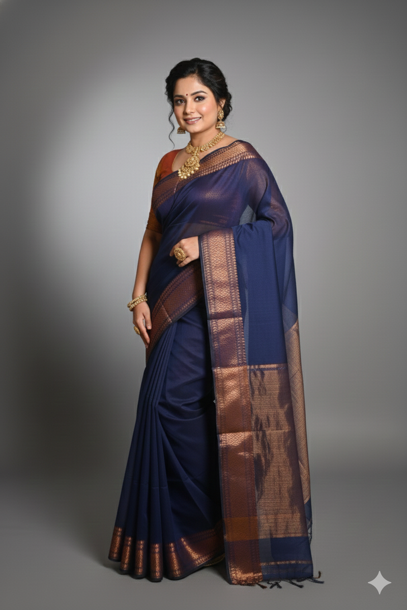 SAREEN Navy Blue Silk Saree with Antique Gold Zari Border – Royal Classic