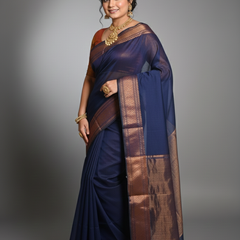 SAREEN Navy Blue Silk Saree with Antique Gold Zari Border – Royal Classic