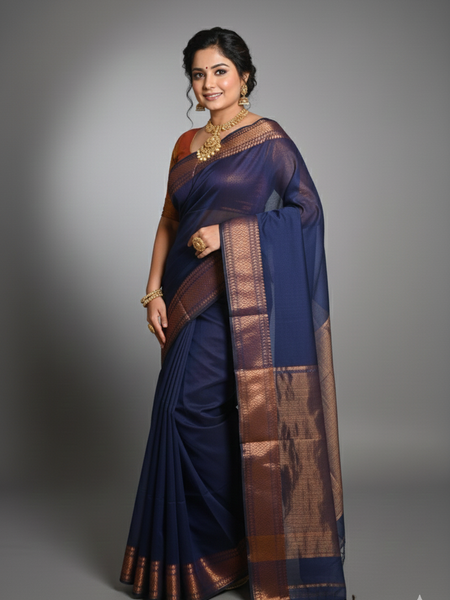 SAREEN Navy Blue Silk Saree with Antique Gold Zari Border – Royal Classic