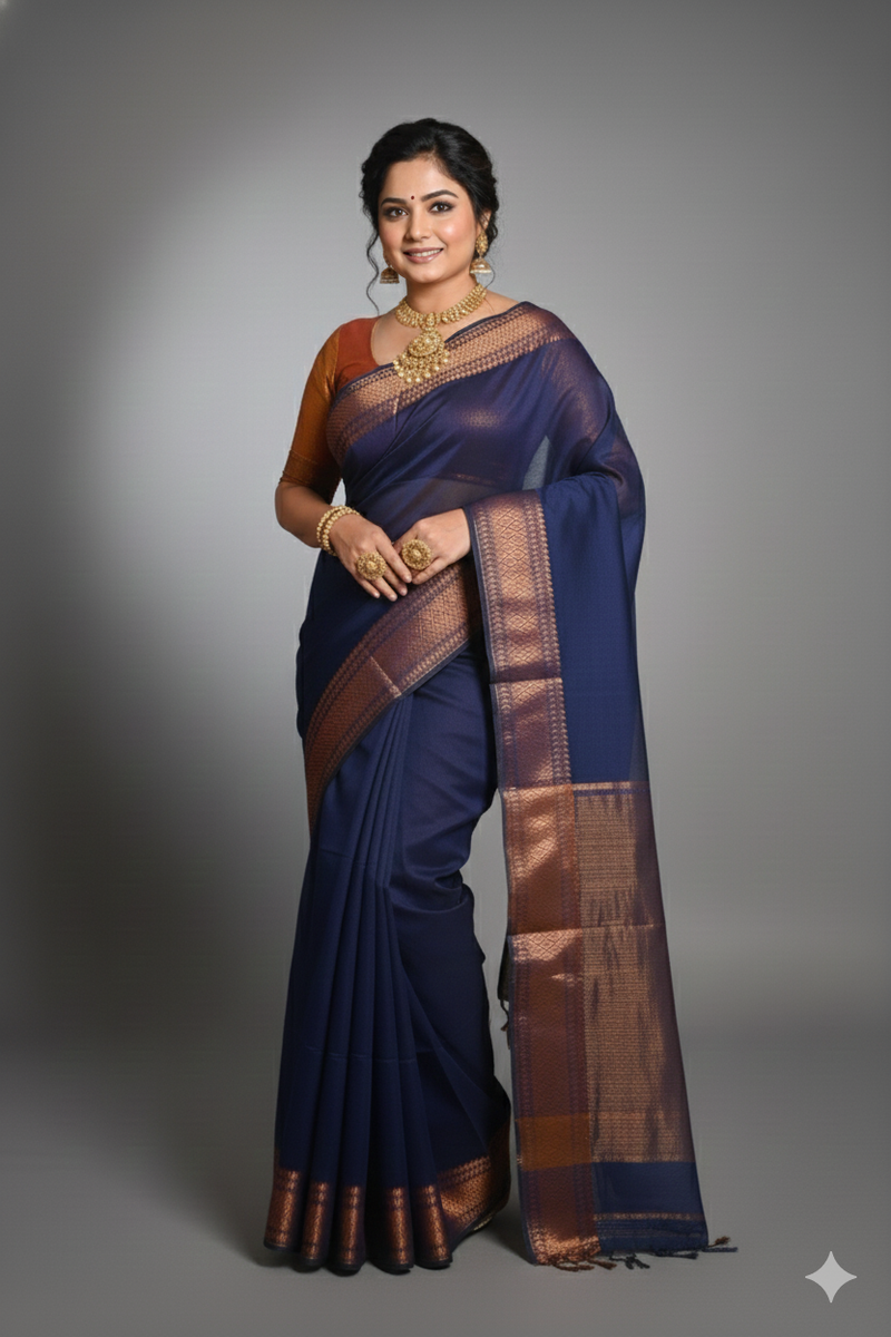 SAREEN Navy Blue Silk Saree with Antique Gold Zari Border – Royal Classic