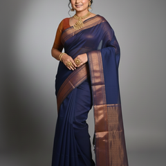 SAREEN Navy Blue Silk Saree with Antique Gold Zari Border – Royal Classic