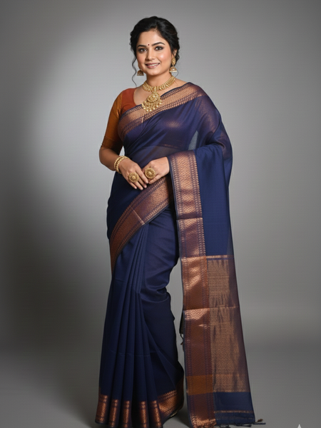 SAREEN Navy Blue Silk Saree with Antique Gold Zari Border – Royal Classic