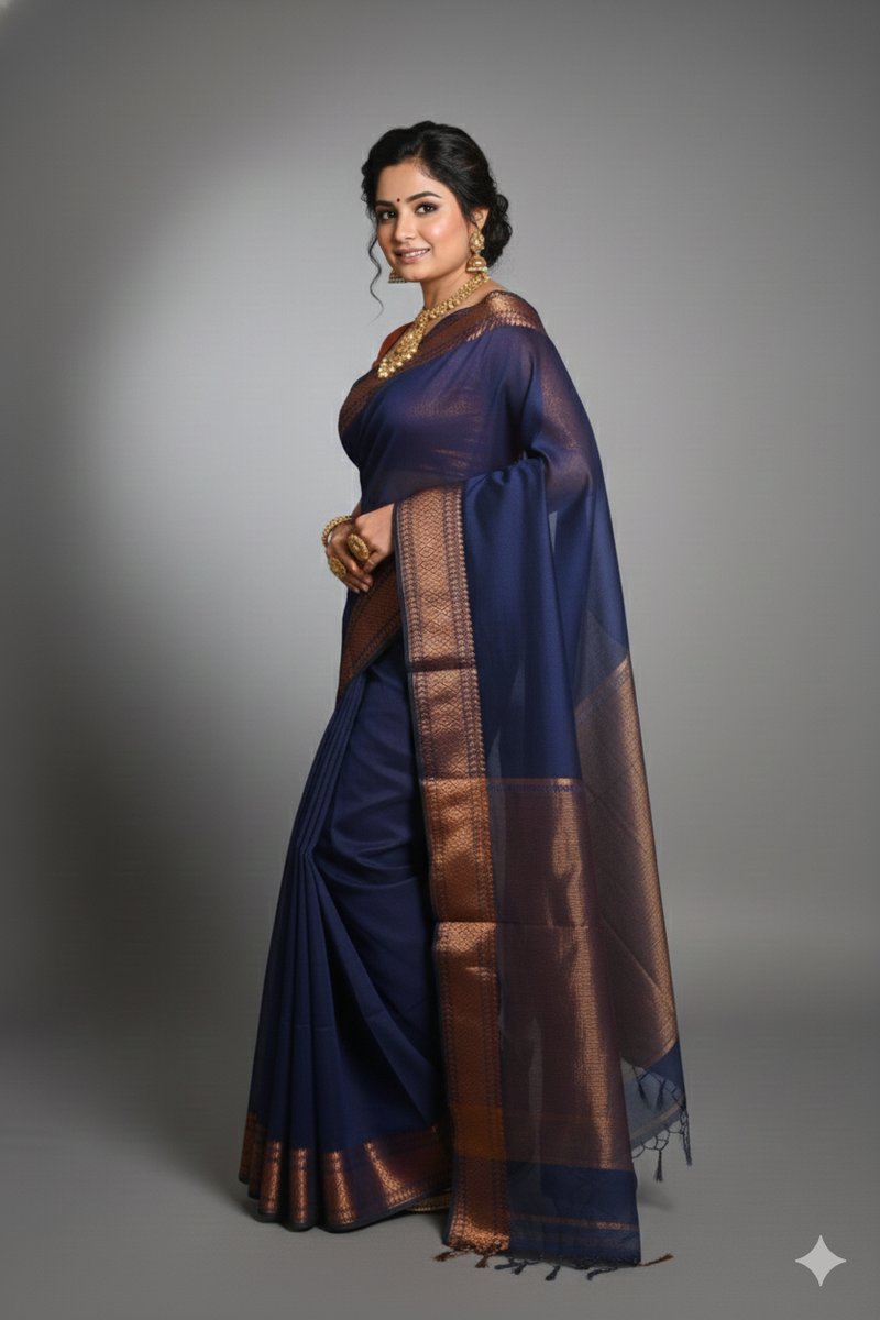 SAREEN Navy Blue Silk Saree with Antique Gold Zari Border – Royal Classic