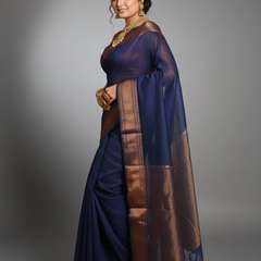 SAREEN Navy Blue Silk Saree with Antique Gold Zari Border – Royal Classic