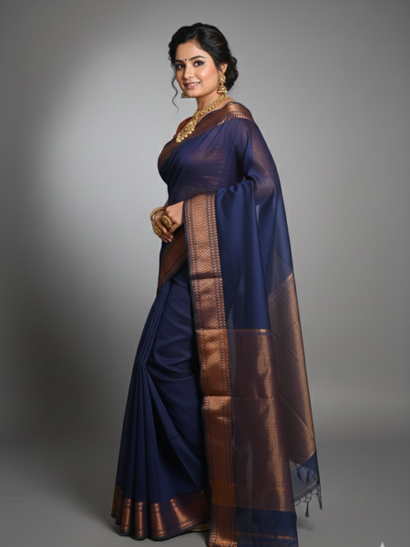 SAREEN Navy Blue Silk Saree with Antique Gold Zari Border – Royal Classic