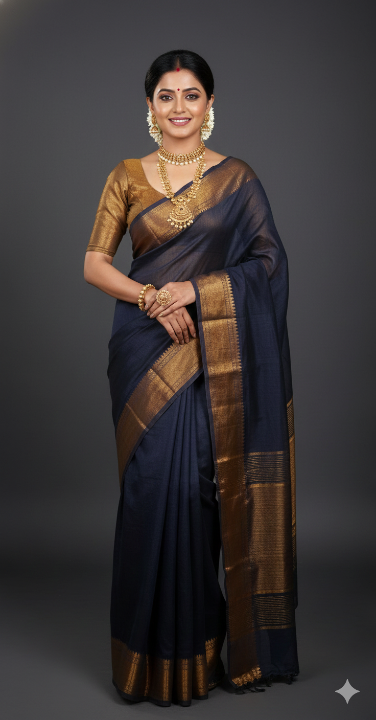 SAREEN Black Mangalagiri Cotton Saree with Copper Zari Border – Traditional Elegance