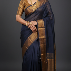 SAREEN Black Mangalagiri Cotton Saree with Copper Zari Border – Traditional Elegance