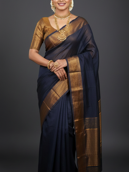 SAREEN Black Mangalagiri Cotton Saree with Copper Zari Border – Traditional Elegance
