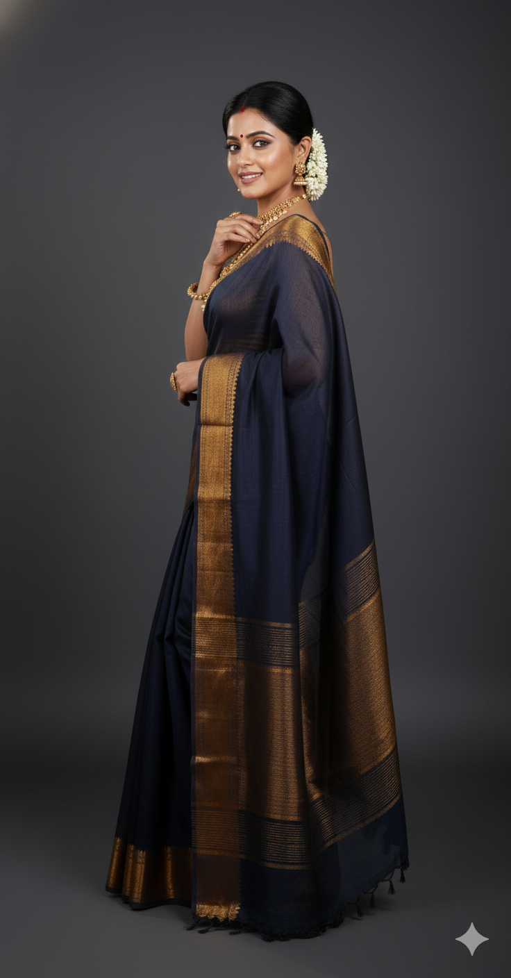 SAREEN Black Mangalagiri Cotton Saree with Copper Zari Border – Traditional Elegance