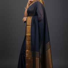 SAREEN Black Mangalagiri Cotton Saree with Copper Zari Border – Traditional Elegance