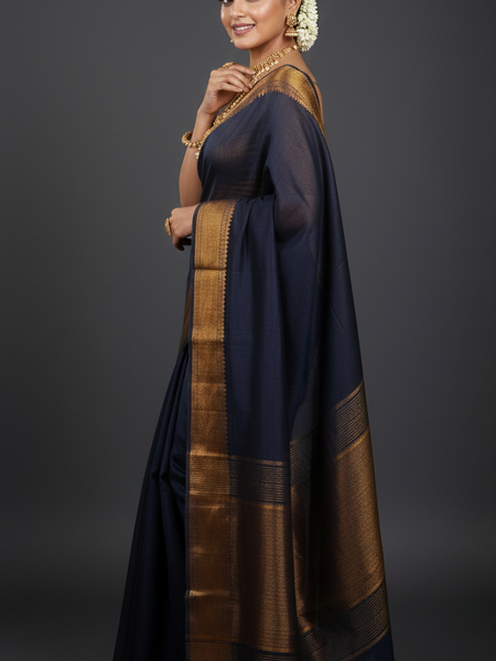 SAREEN Black Mangalagiri Cotton Saree with Copper Zari Border – Traditional Elegance