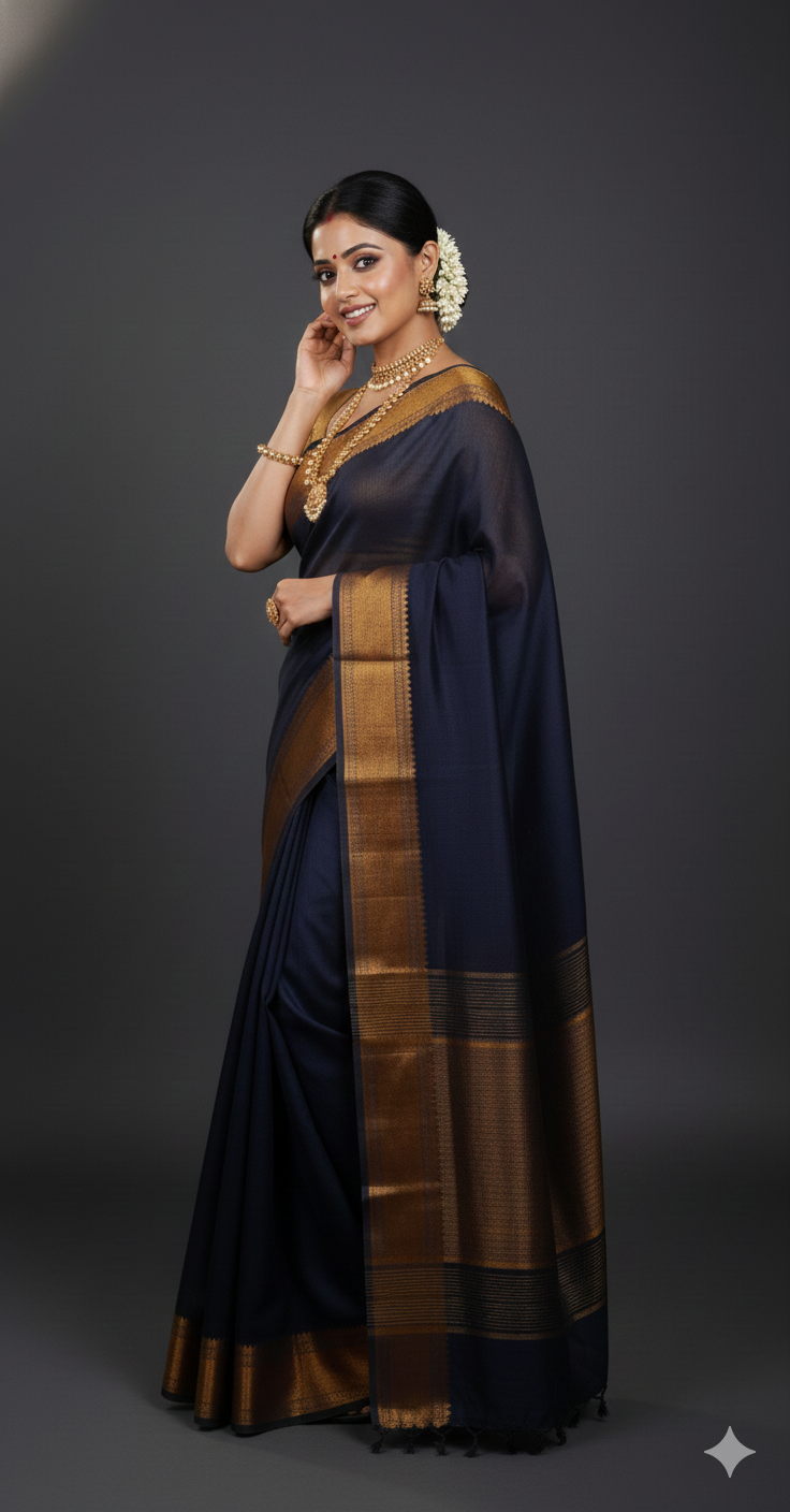 SAREEN Black Mangalagiri Cotton Saree with Copper Zari Border – Traditional Elegance