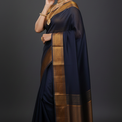 SAREEN Black Mangalagiri Cotton Saree with Copper Zari Border – Traditional Elegance