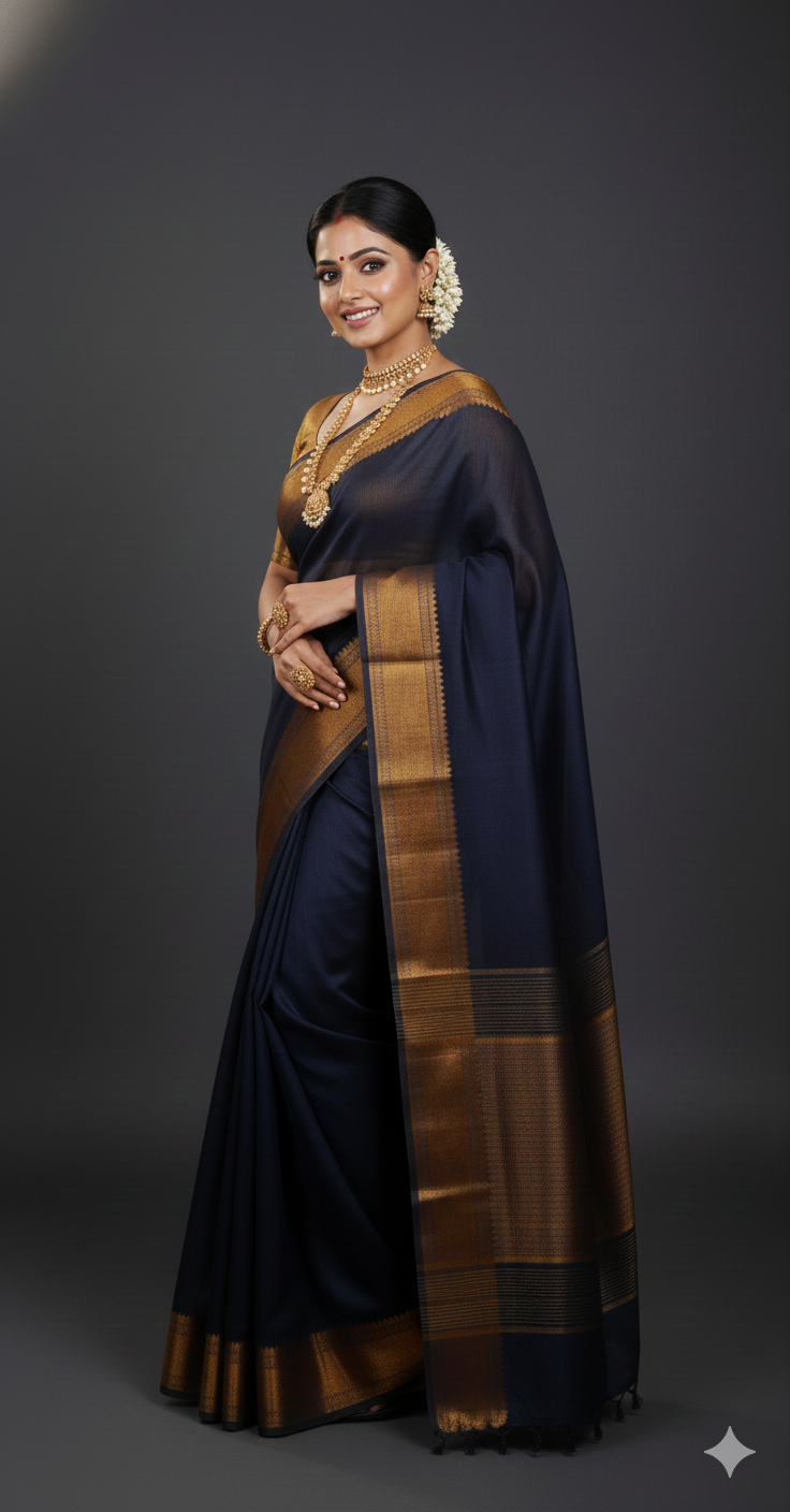 SAREEN Black Mangalagiri Cotton Saree with Copper Zari Border – Traditional Elegance