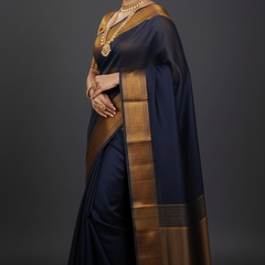 SAREEN Black Mangalagiri Cotton Saree with Copper Zari Border – Traditional Elegance