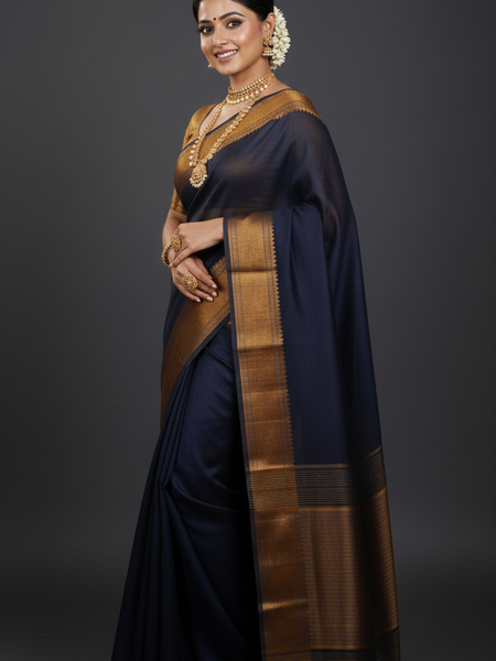 SAREEN Black Mangalagiri Cotton Saree with Copper Zari Border – Traditional Elegance