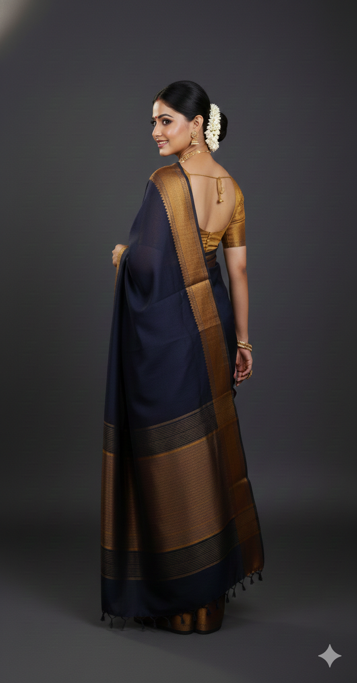 SAREEN Black Mangalagiri Cotton Saree with Copper Zari Border – Traditional Elegance