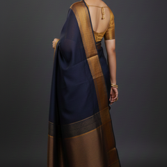 SAREEN Black Mangalagiri Cotton Saree with Copper Zari Border – Traditional Elegance