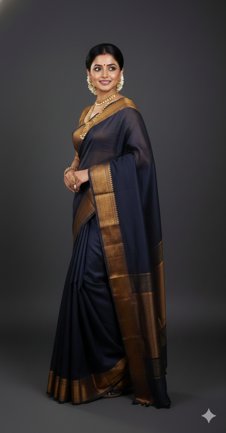 SAREEN Black Mangalagiri Cotton Saree with Copper Zari Border – Traditional Elegance