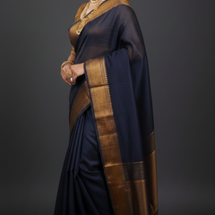 SAREEN Black Mangalagiri Cotton Saree with Copper Zari Border – Traditional Elegance