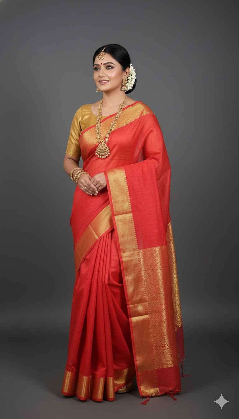 SAREEN Red Mangalagiri Cotton Saree with Gold Zari Border – Classic Festive Wear