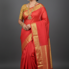 SAREEN Red Mangalagiri Cotton Saree with Gold Zari Border – Classic Festive Wear