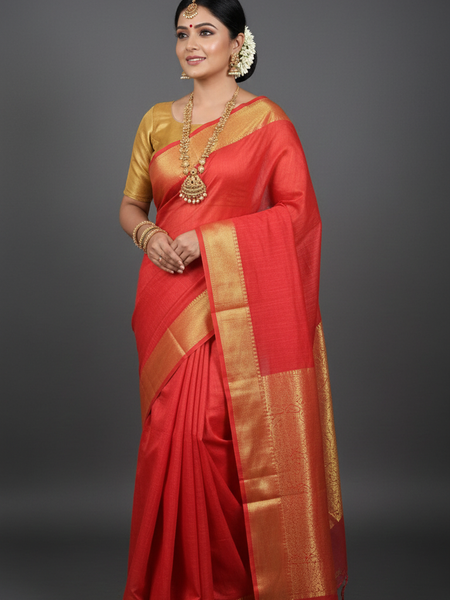 SAREEN Red Mangalagiri Cotton Saree with Gold Zari Border – Classic Festive Wear