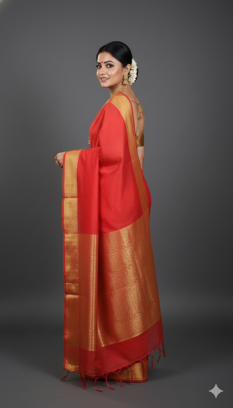 SAREEN Red Mangalagiri Cotton Saree with Gold Zari Border – Classic Festive Wear