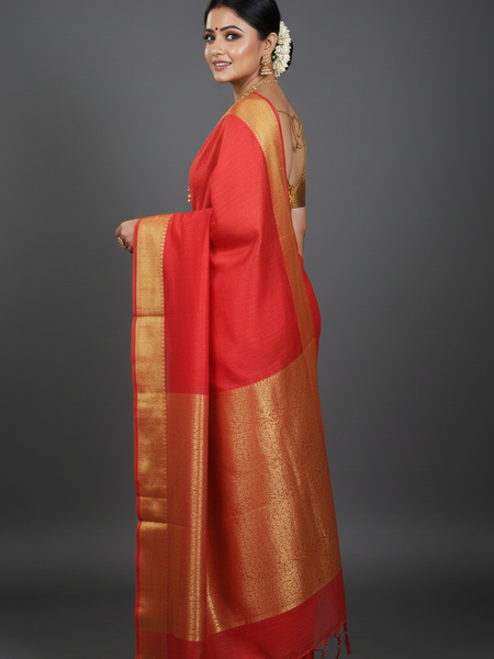 SAREEN Red Mangalagiri Cotton Saree with Gold Zari Border – Classic Festive Wear