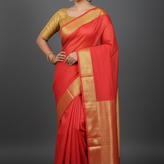 SAREEN Red Mangalagiri Cotton Saree with Gold Zari Border – Classic Festive Wear