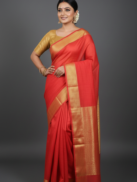SAREEN Red Mangalagiri Cotton Saree with Gold Zari Border – Classic Festive Wear