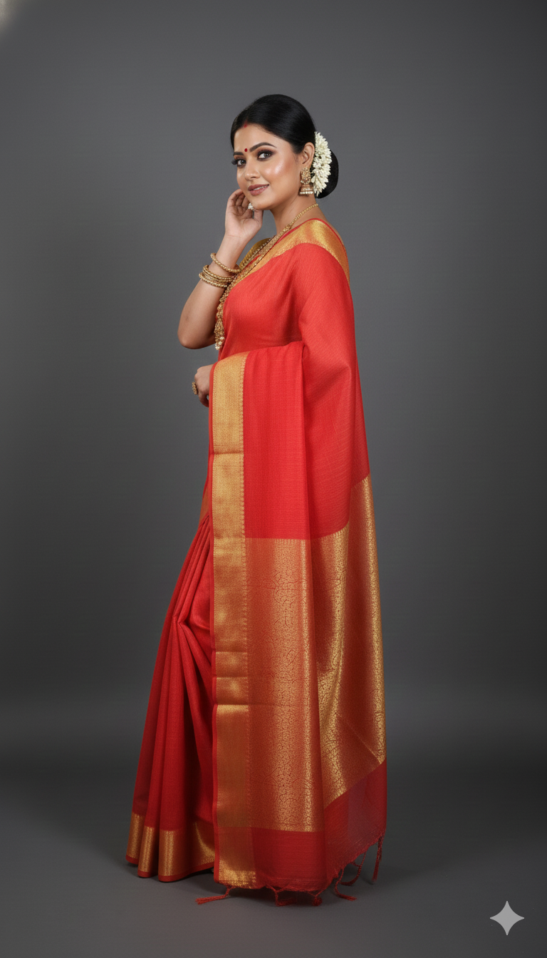 SAREEN Red Mangalagiri Cotton Saree with Gold Zari Border – Classic Festive Wear