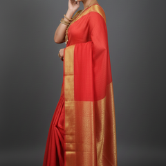 SAREEN Red Mangalagiri Cotton Saree with Gold Zari Border – Classic Festive Wear