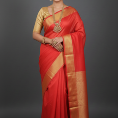 SAREEN Red Mangalagiri Cotton Saree with Gold Zari Border – Classic Festive Wear