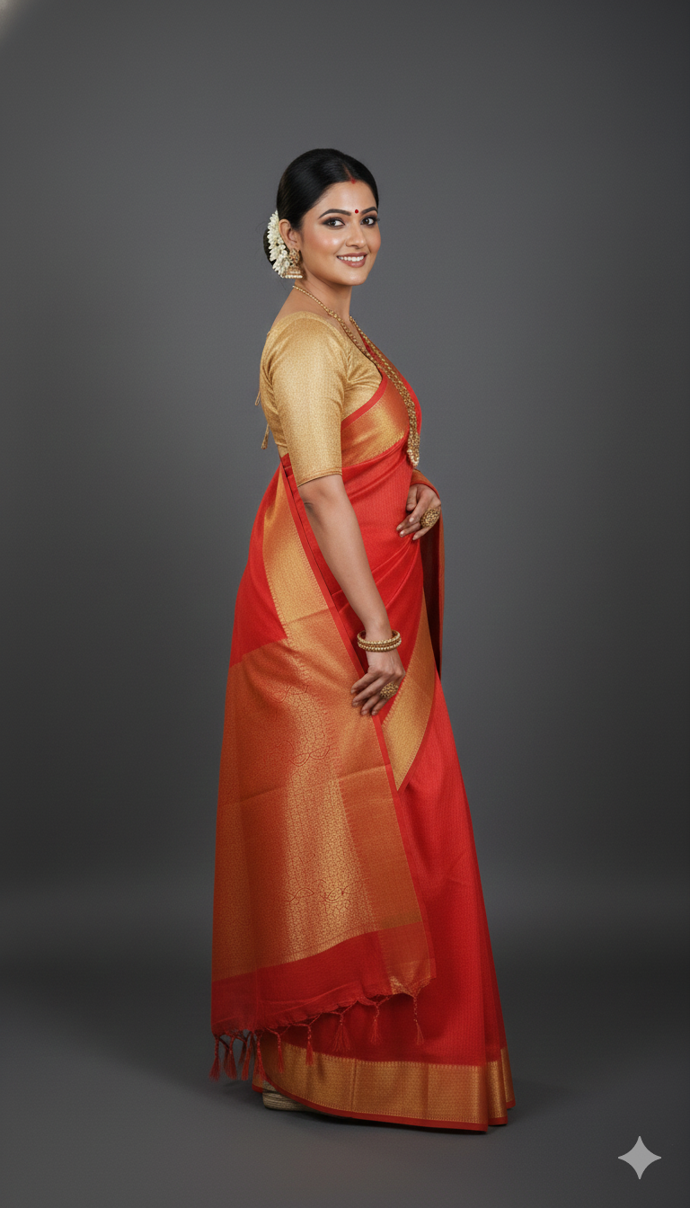 SAREEN Red Mangalagiri Cotton Saree with Gold Zari Border – Classic Festive Wear