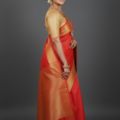 SAREEN Red Mangalagiri Cotton Saree with Gold Zari Border – Classic Festive Wear