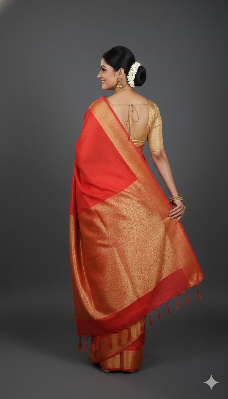 SAREEN Red Mangalagiri Cotton Saree with Gold Zari Border – Classic Festive Wear
