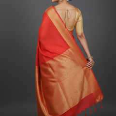SAREEN Red Mangalagiri Cotton Saree with Gold Zari Border – Classic Festive Wear