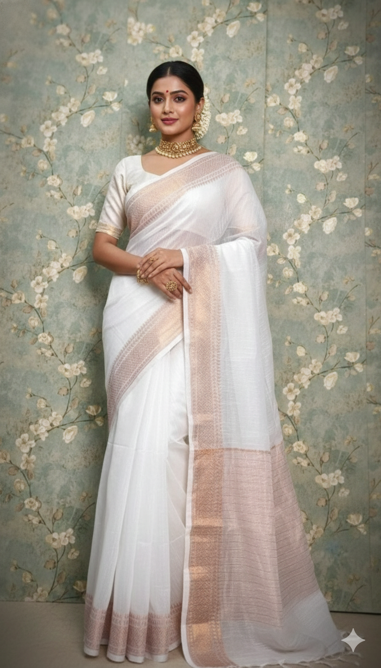 SAREEN White Mangalagiri Cotton Saree with Gold Zari Border – Timeless Elegance