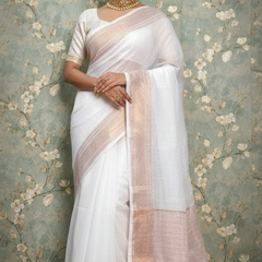 SAREEN White Mangalagiri Cotton Saree with Gold Zari Border – Timeless Elegance