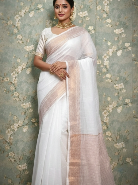 SAREEN White Mangalagiri Cotton Saree with Gold Zari Border – Timeless Elegance